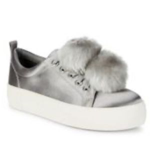 J | Slides Gray Satin Fur Pom Pom Sneakers 8.5
